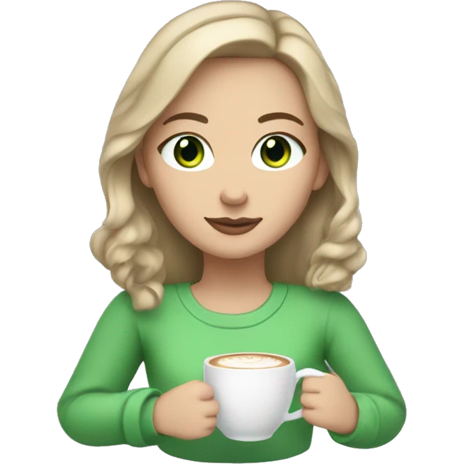 A white girl with dark blonde hair, green eyes, and is wearing a lilac sweater sipping a latte emoji