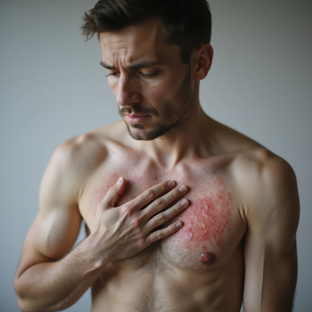 realistic man with inflamed rash on torso and arm, gently examining skin, concerned expression, soft lighting, neutral background, medical realism, dermatology focus, 4K emoji
