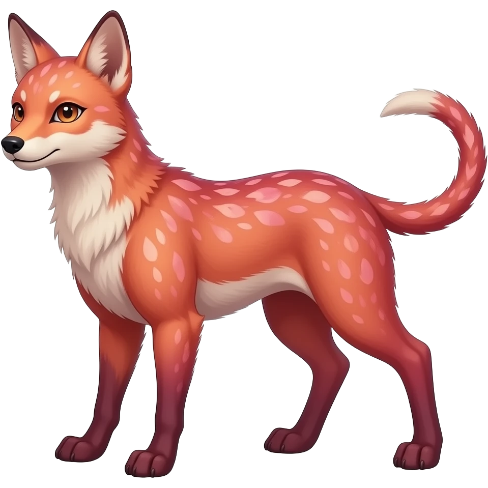 Realistic Hyper-realistic Feral Rare Fantasy dark pastel gradient-pink-red-orange Vernid-Fionbri-Sergal-species by LiLaiRa, random markings, full body, 4 legs, thin tail emoji