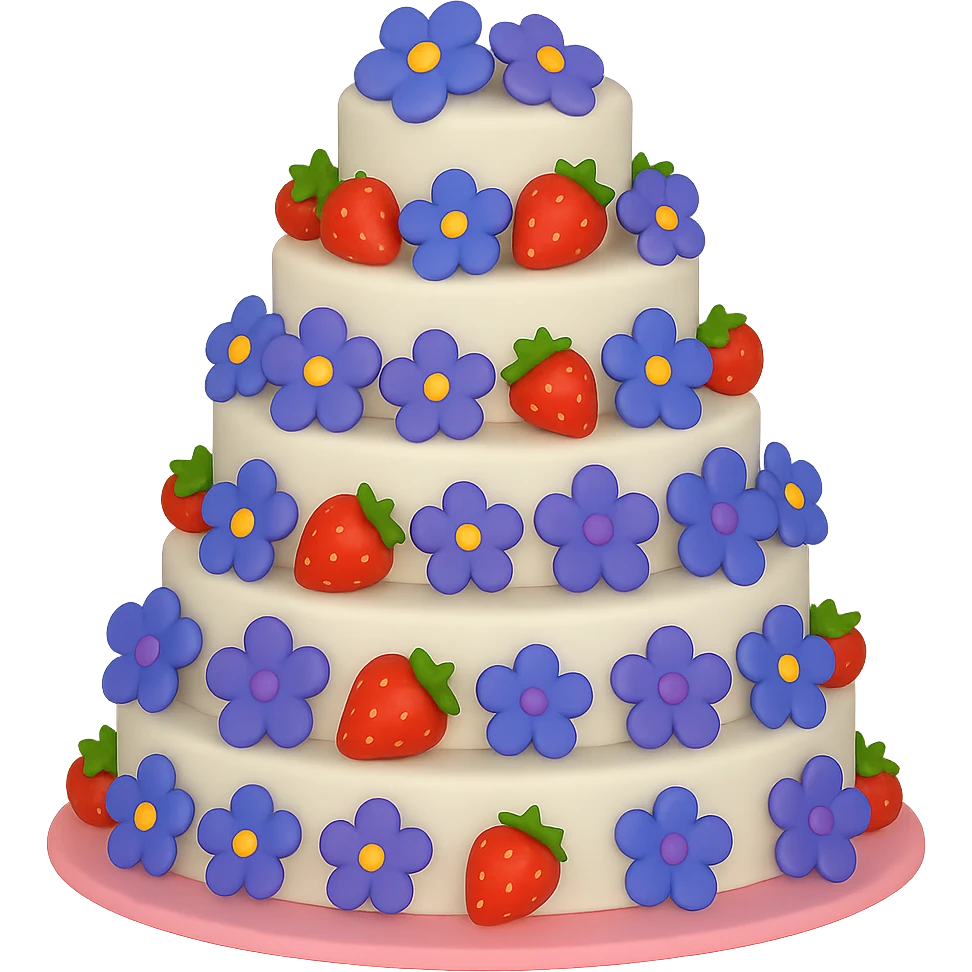 Replace the pink and white flowers with blue and purple flowers on the white wedding cake with strawberries, no topper. The style should resemble emoji style with no background. emoji