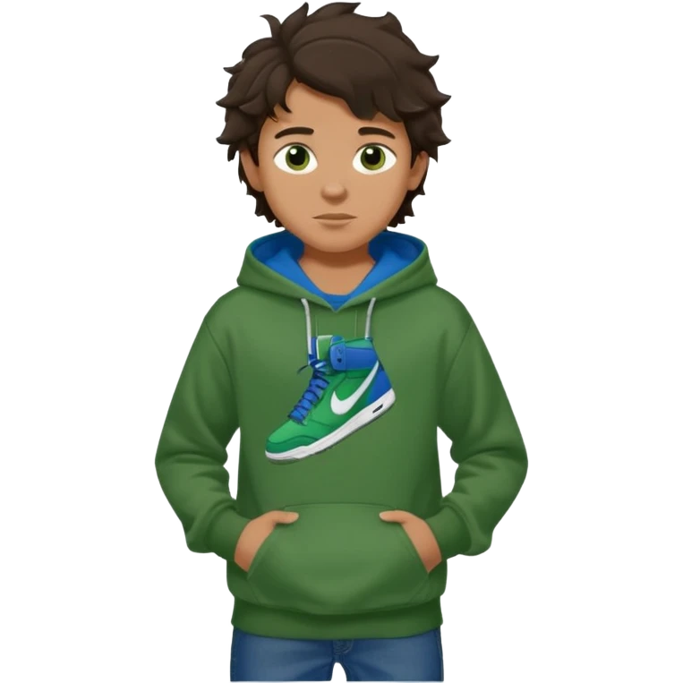a 14 year old slightly tanned teenage boy with dark brown tousled wavy hair, dark brown eyes wearing a green tshirt, a dark green hoodie, blue jeans and green nike air jordans emoji