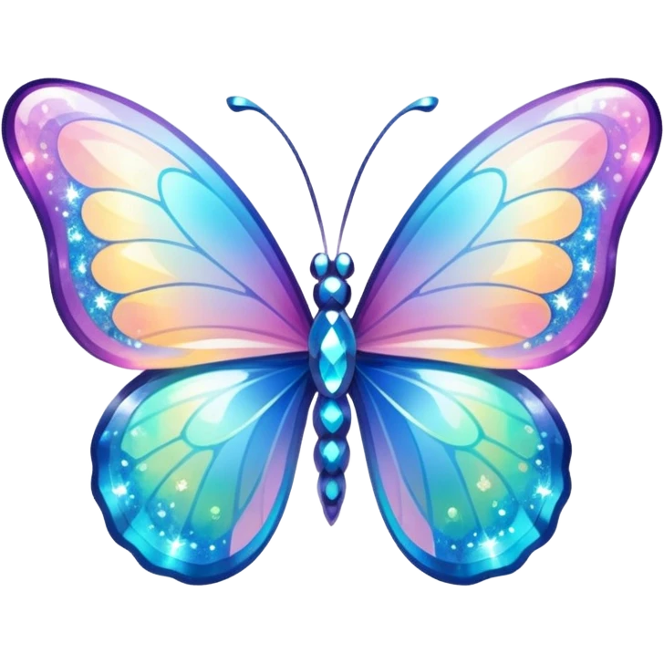 Transparent Shiny Glossy Pastel Gradient Hue Iridescent Crystal Butterfly with bright sparkles and sparkling glitter swirling around it emoji