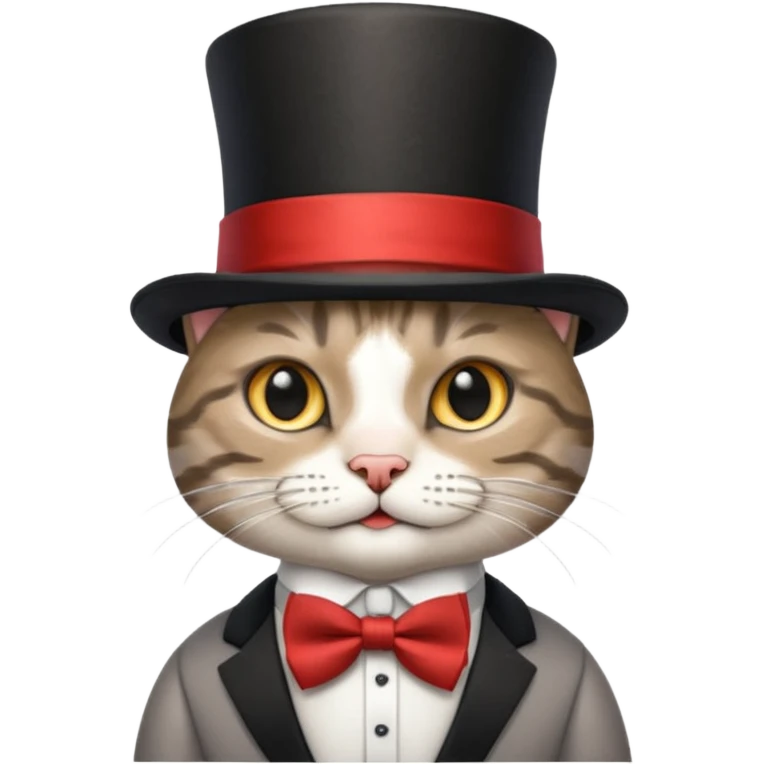 Grey tabby cat in top hat and bow tie emoji