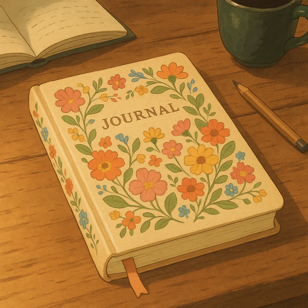 floral journal on a wooden desk emoji