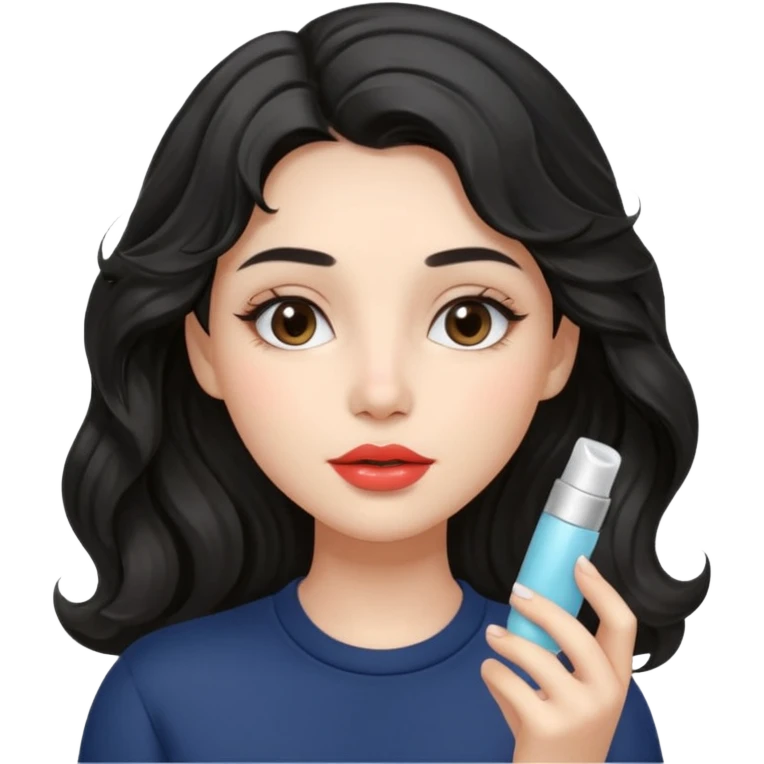 “Girl with light-black wavy hair, soft and flowing. She holds a asthetic lip balm just near her lips, about to apply it. The lip balm gives her lips a subtle glossy shine, making them look smooth, hydrated, and naturally prettyy emoji
