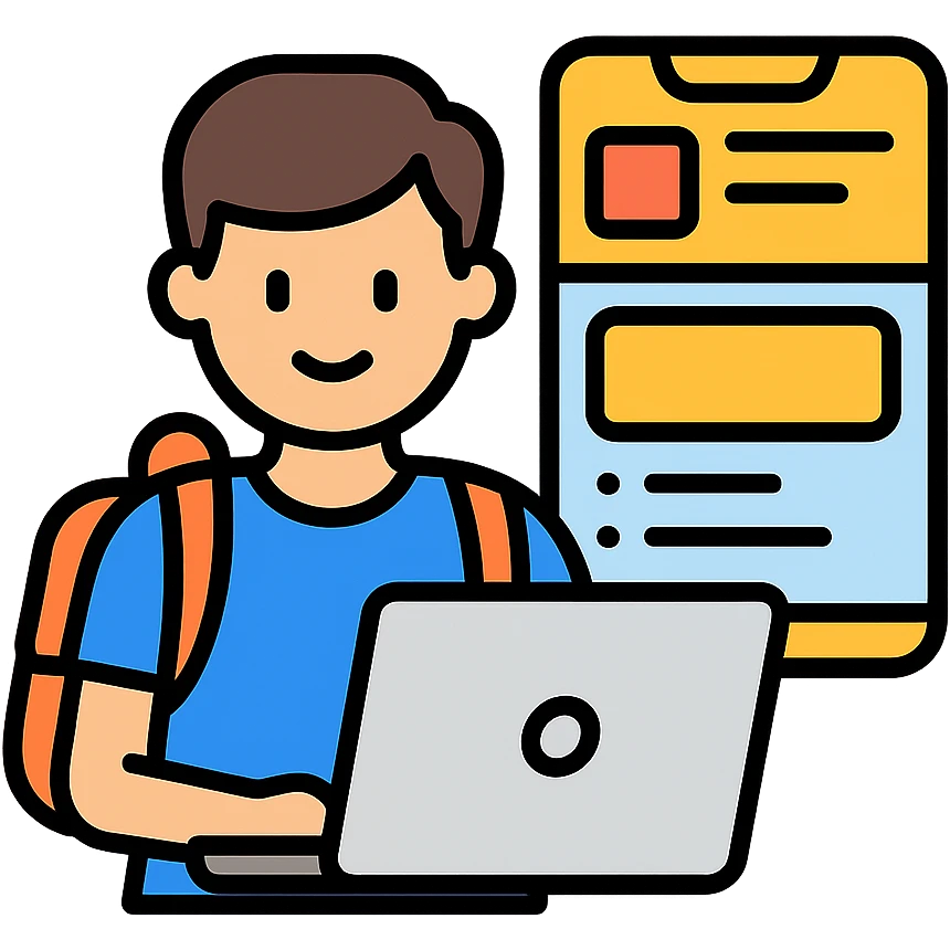 college student using a laptop, designing a mobile app interface emoji