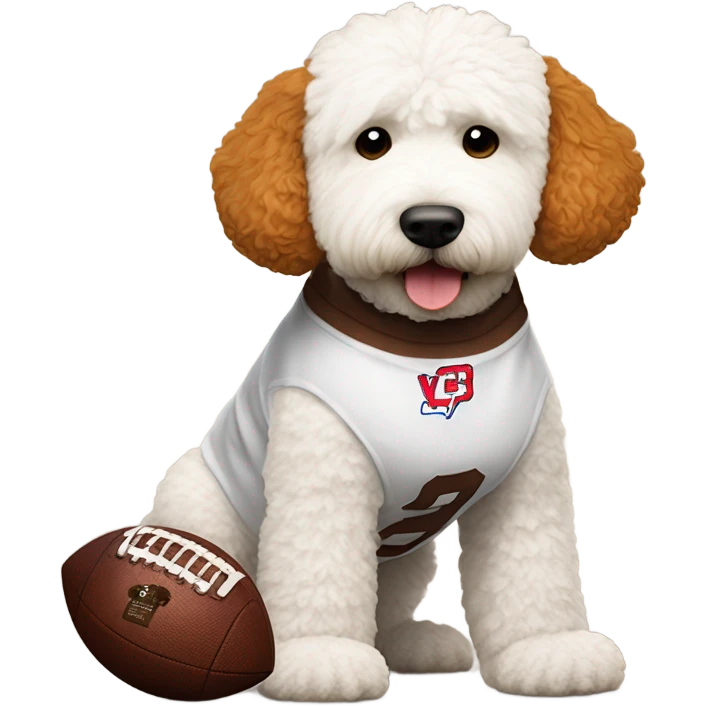 White Goldendoodle as a Cleveland Brown Football player emoji