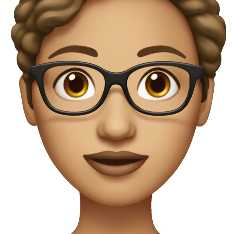 A brown-haired woman with big brown eyes and oval black glasses, long eyelashes and plump lips. emoji