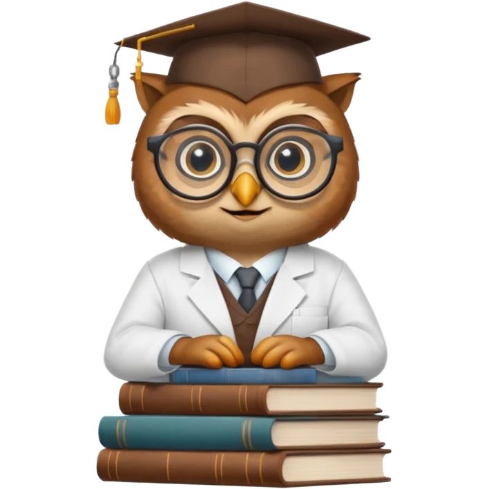 Wise owl with glasses, wearing a lab coat, perched on a stack of books. emoji