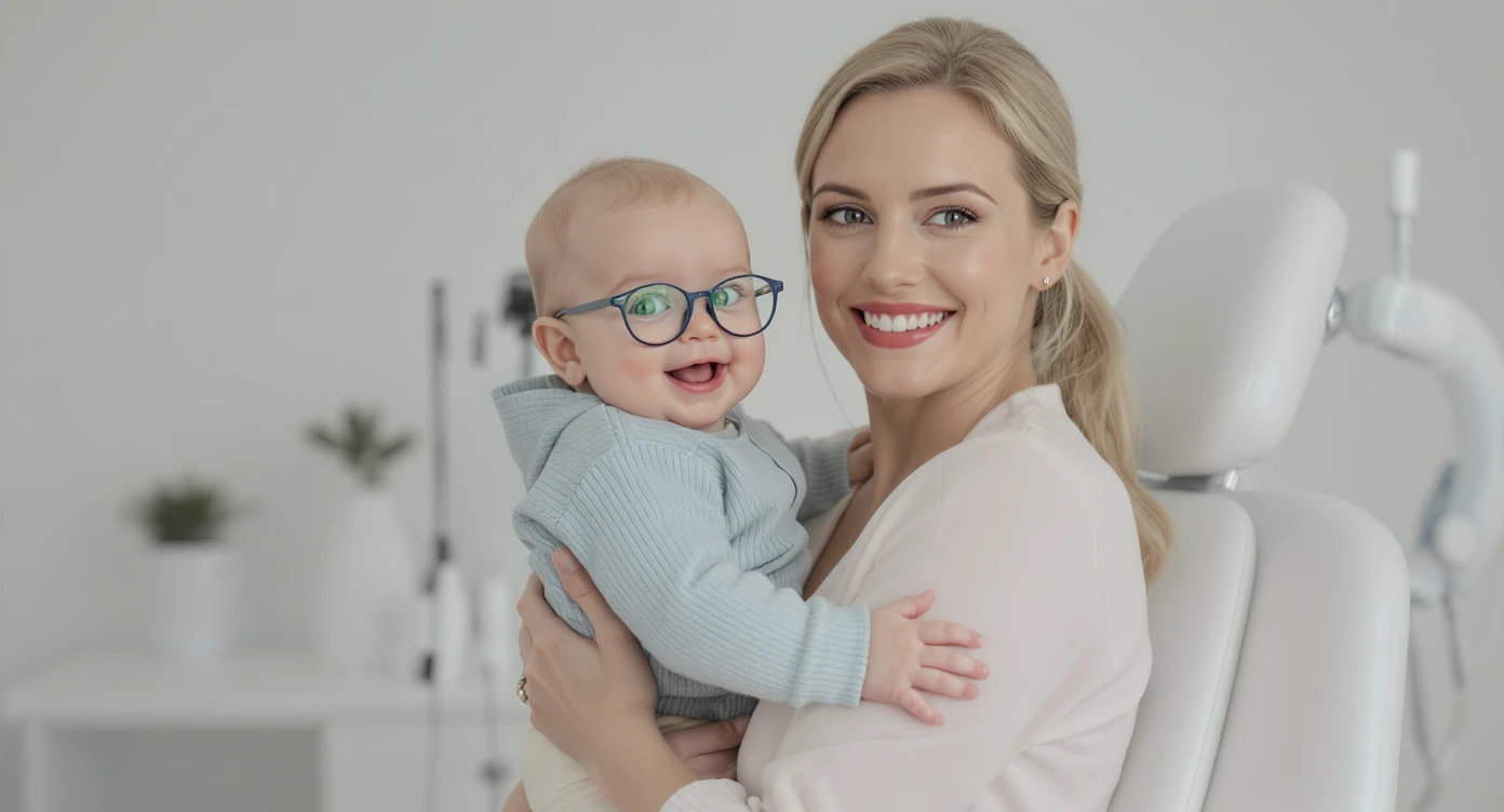 Cinematic still, Proffesional advertising of a smiling european white woman holding baby with glasses smiling, minimalistic ophthalmologist interior in background, leading  lines, "rule of thirds", 60/30/10 colors, soft light emoji