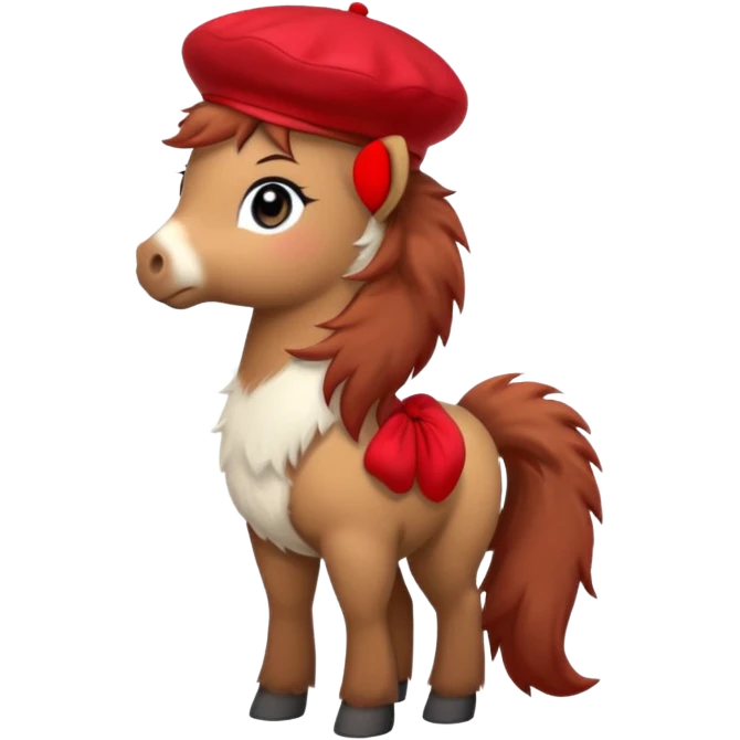 A cute pony (horse) emoji, full body, standing in side view, wearing a stylish red beret. emoji