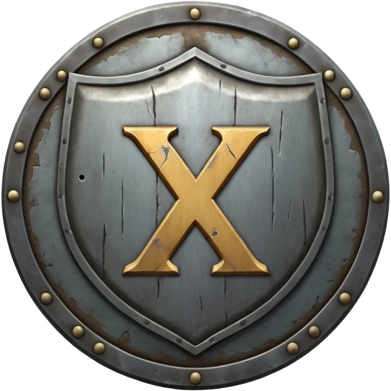a battle worn steel shield with engraved roman numerals "XXX", the roman numerals should be prominent and in the center of the shield emoji