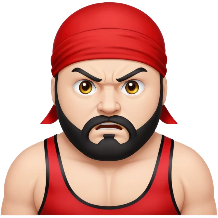 White skin fat guy with black durag, black beard, black eyes in a red and black wrestling singlet with angry face emoji
