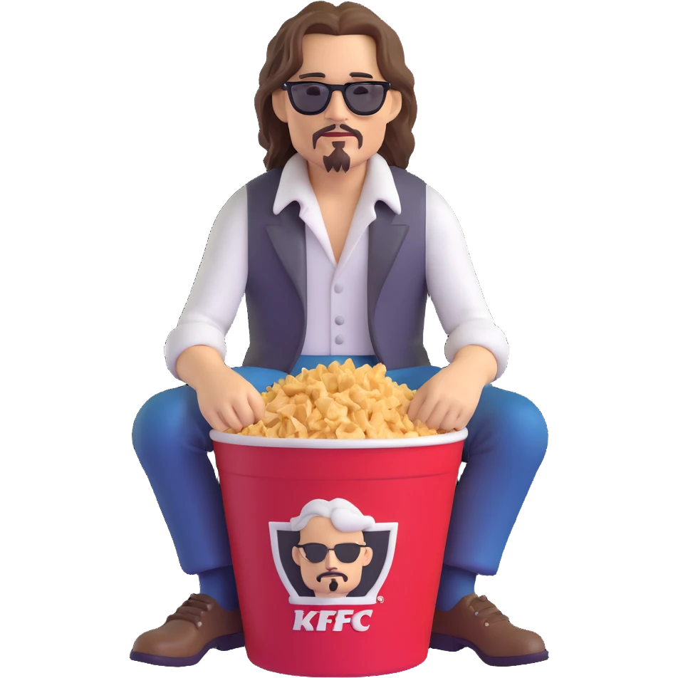 Johnny Depp sitting in a KFC bucket, long hair, facial hair emoji