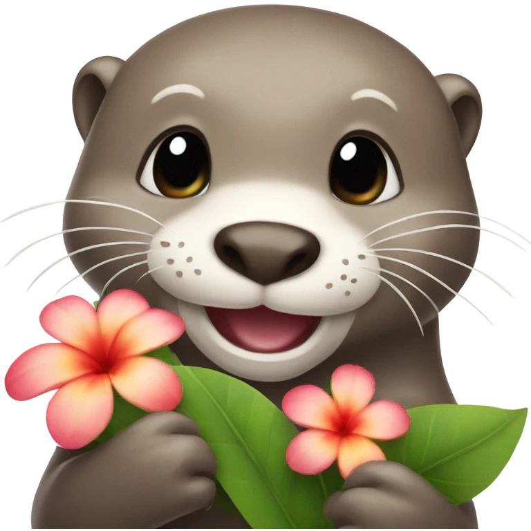A happy and cute otter face holding a Hawaiian flower emoji