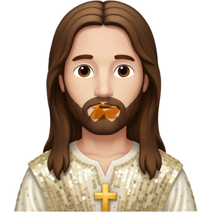Jesus Christ with long brown hair, ivory sequin outfit emoji