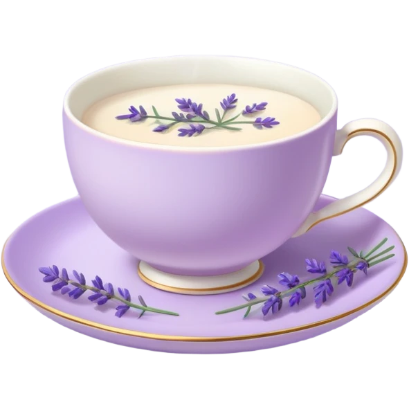 White teacup on a pastel purple plate, lavender flowers on the side, pastelcore aesthetic, cottagecore emoji