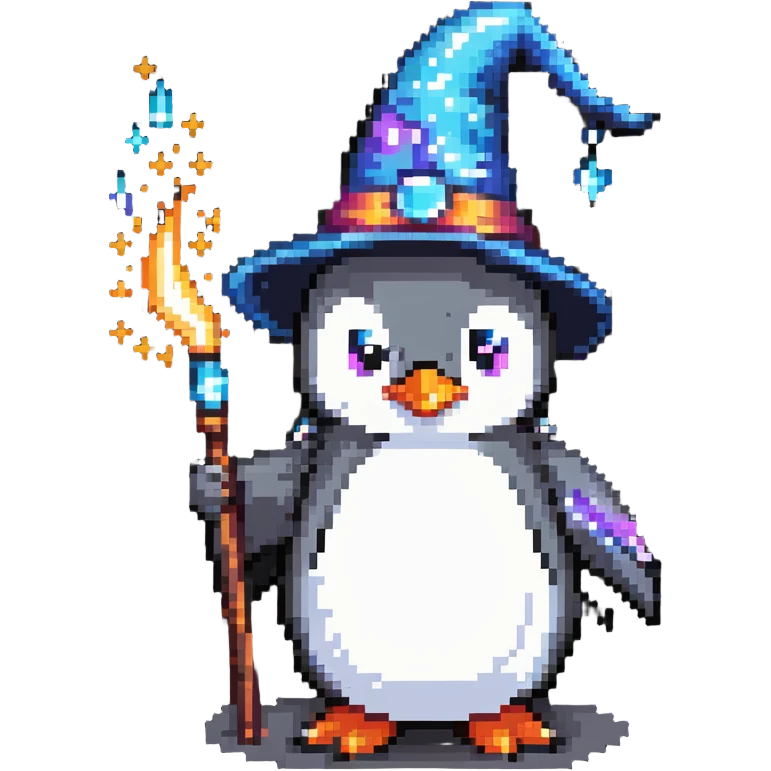 a penguin wizard casting a spell with sparkles emoji