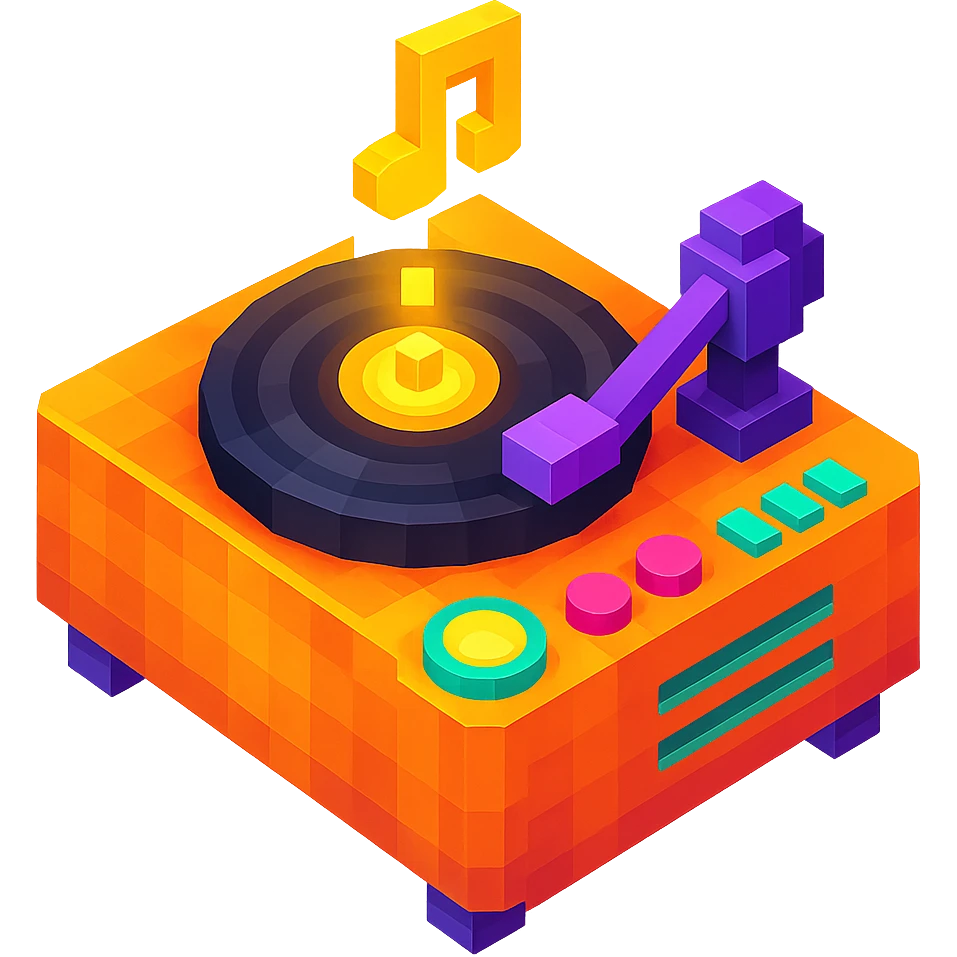 record player with spinning vinyl, glowing details, and a retro aesthetic emoji
