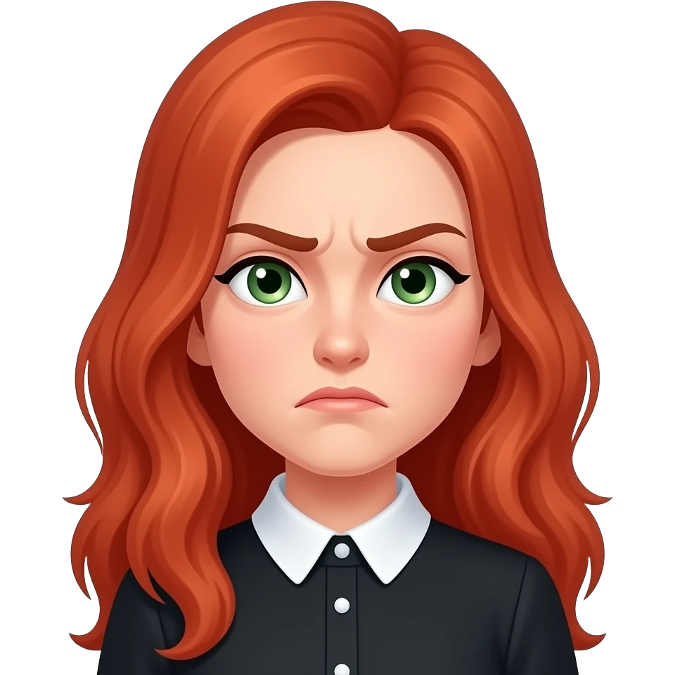 anime eyes closed and frowning long red hair green eyes black blouse with white collar emoji