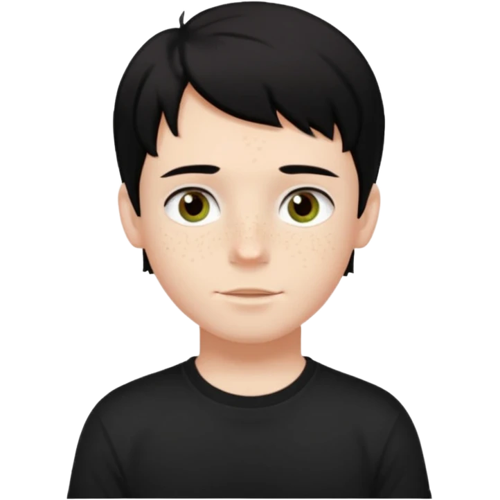 A boy with dark black hair and hazel green and brown eyes and white skin , with freckles and black t shirt with middle part hair  emoji