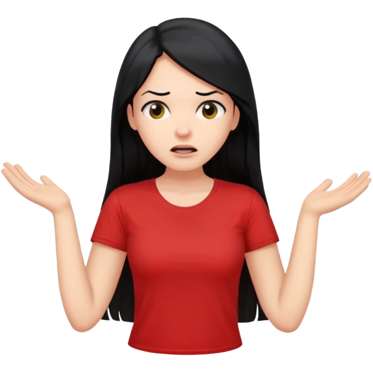 빨간색 티셔츠를 입고 긴 검정머리를 가진 여성이 모르겠다는 듯이 어깨를 올리고 고개를 살짝 틀고있는 제스처를 하고있음 🤷🏻‍♀️ emoji