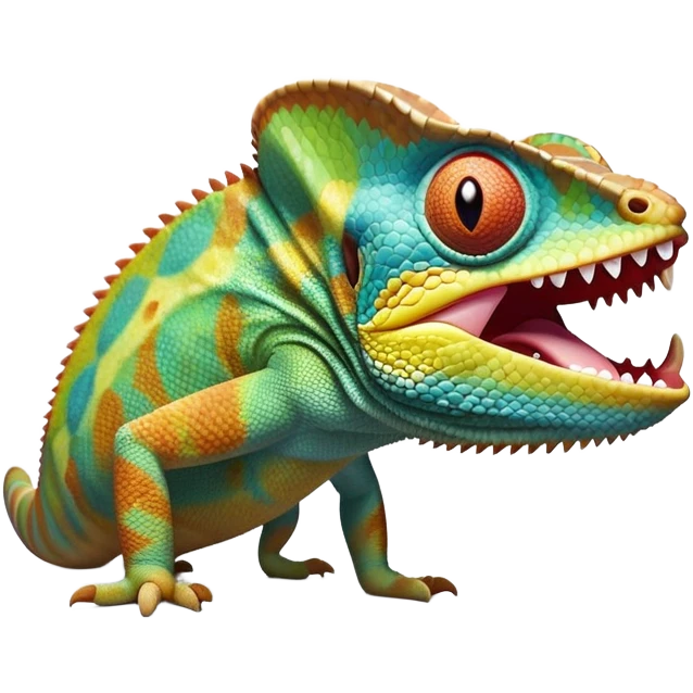 cinematic giant-yawning chameleon-realistic emoji, mouth wide open with tongue out, -blending-with-vibrant-greenery.-detailed-scales-in-shifting-colors,-showing-the-chameleon’s-ability-to-camouflage.-soft-natural-light-highlights-its-texture.-light-background, zoomed into its face emoji