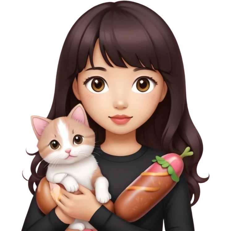 Asain girl with pink blush, wearing a black skinny top, long dark brown curled hair with straight bangs. Carrying a white kitten and a brown sausage puppy.  emoji