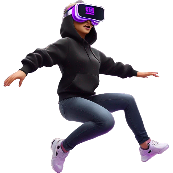 Russian girl wearing black hoody with violet letters "OMG", in vr headset oculus quest2. jumping. Cyberpunk style. Violet neon. emoji