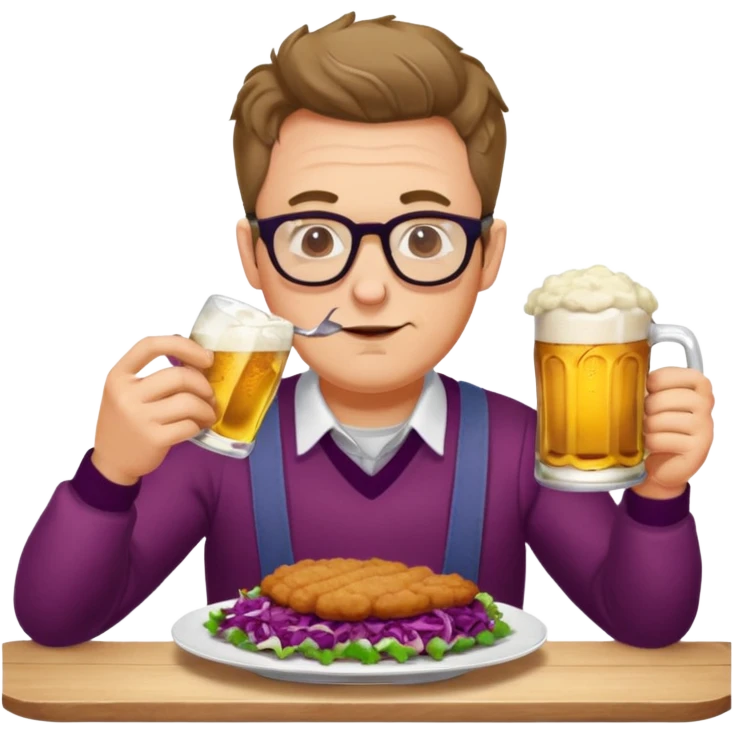 Man with glasses german eating schnitzel, red cabbage, sauerkraut, potato salad, and beer emoji