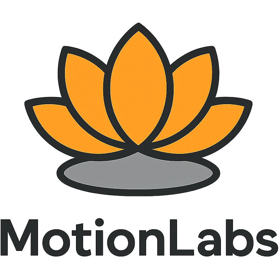 elegant logo for MotionLabs with lotus flower, colors #ffa31a, #808080, #292929, dark background emoji