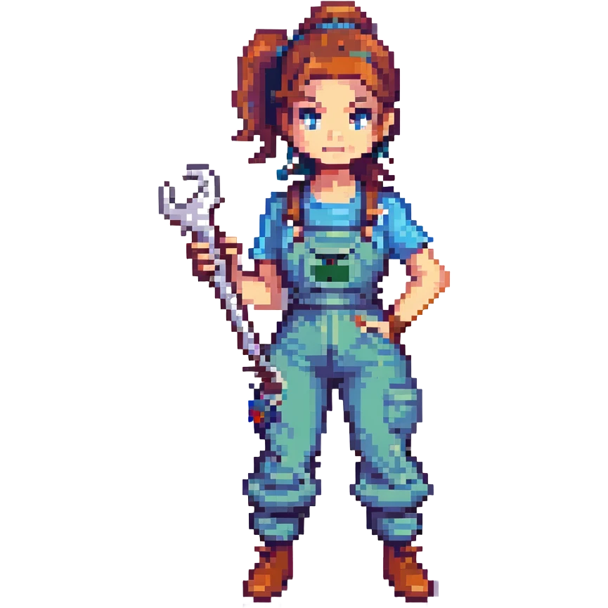 female plumber, woman plumber with ponytail and wrench, retro video game look emoji