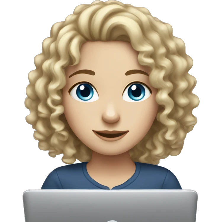 A white girl with curly hair and blue eyes is working on a laptop emoji