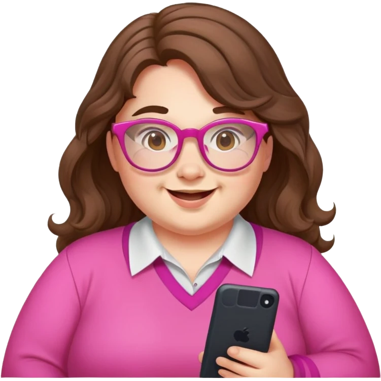 chubby English teacher face, wavy long brown hair, pink glasses, happy, gamer, online class emoji