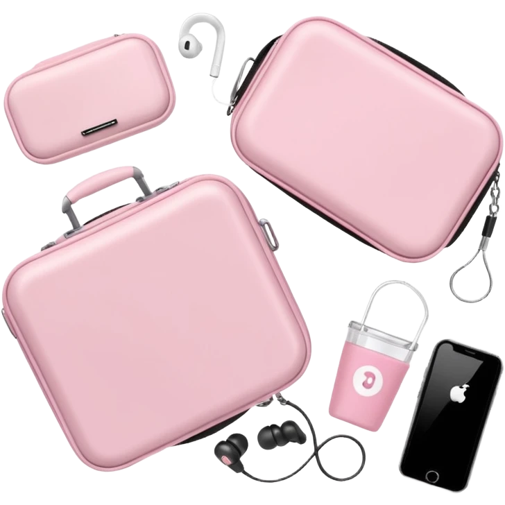 Travel accessories flatlay: pastel pink luggage scale, earbuds case, clear water cup, soft fabric emoji