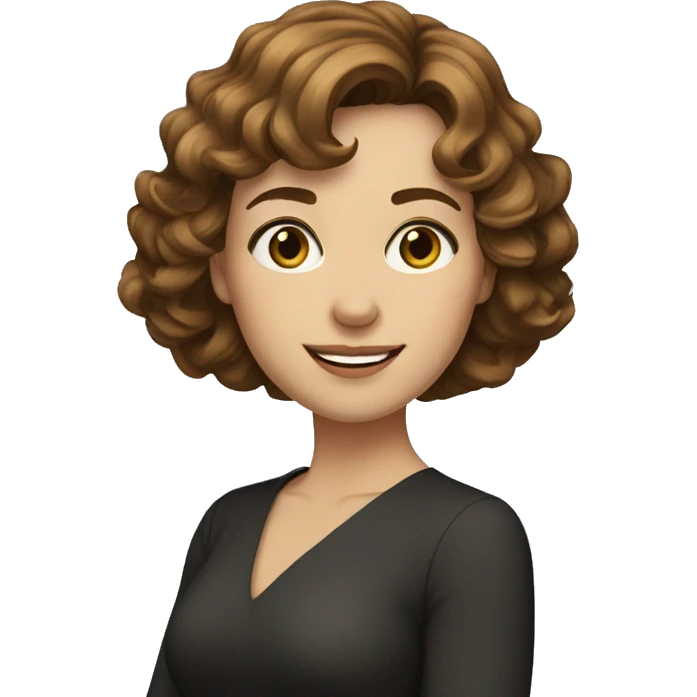 A white woman in her 30s with wavy shoulder length brown hair, bangs, hazel eyes emoji