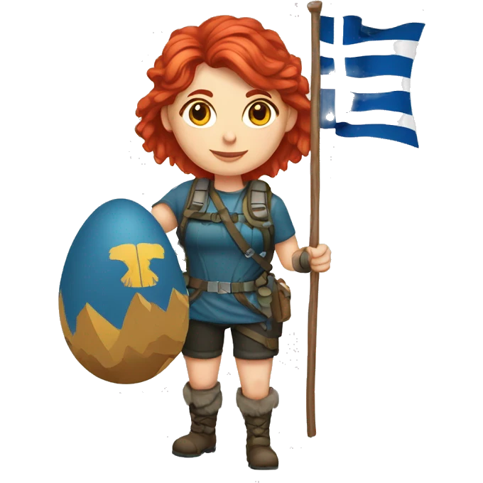 female mountaineer red hair with easter egg and greek flag  emoji