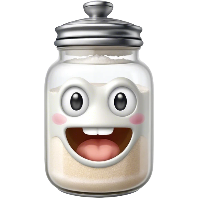 A mischievous anthropomorphic salt jar with transparent glass body and metal lid emoji