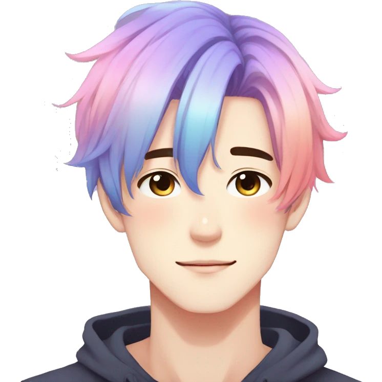 Gorgeous anime style guy with blushing face aesthetic and pretty colorful shiny gradient pastel hair trending style emoji