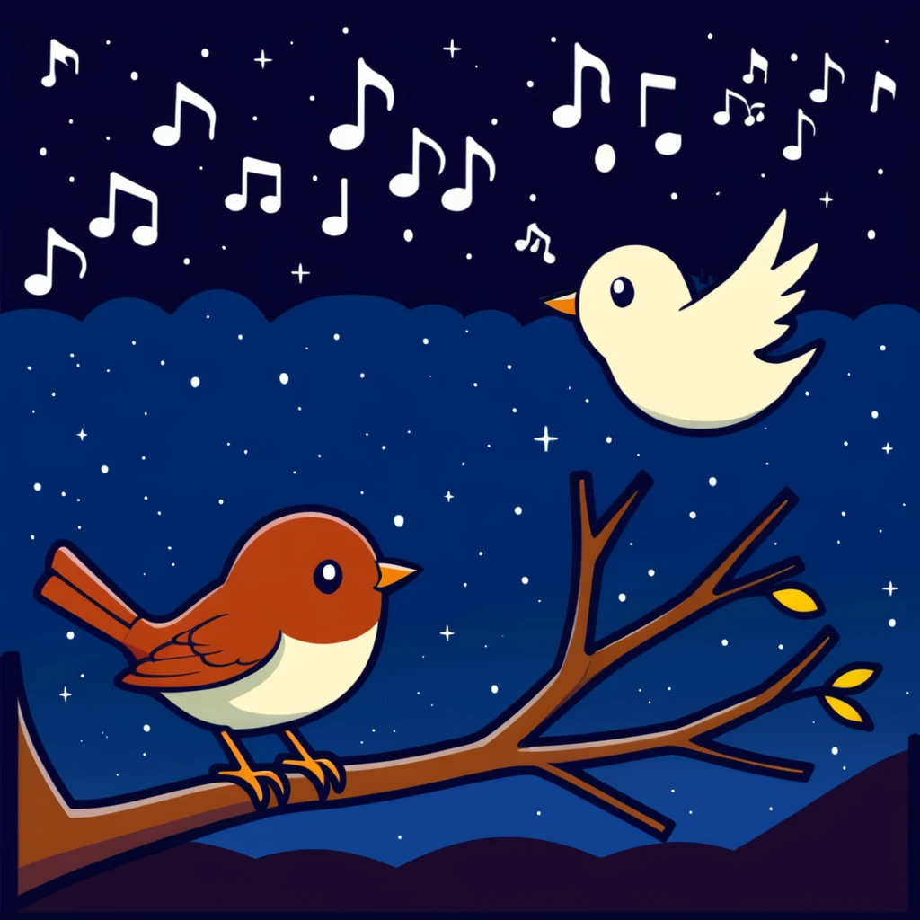 a nightingale bird singing with musical notes visible, flying against a dark starry night sky emoji