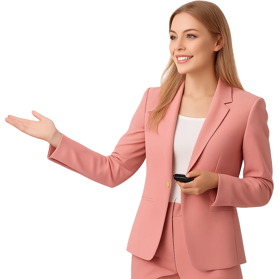 young blonde woman in a pink suit, giving a presentation emoji