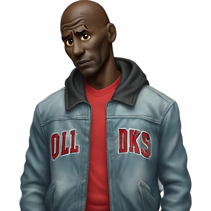 Michael Jordan in a jacket holds his head and is sad photorealistic serious emoji