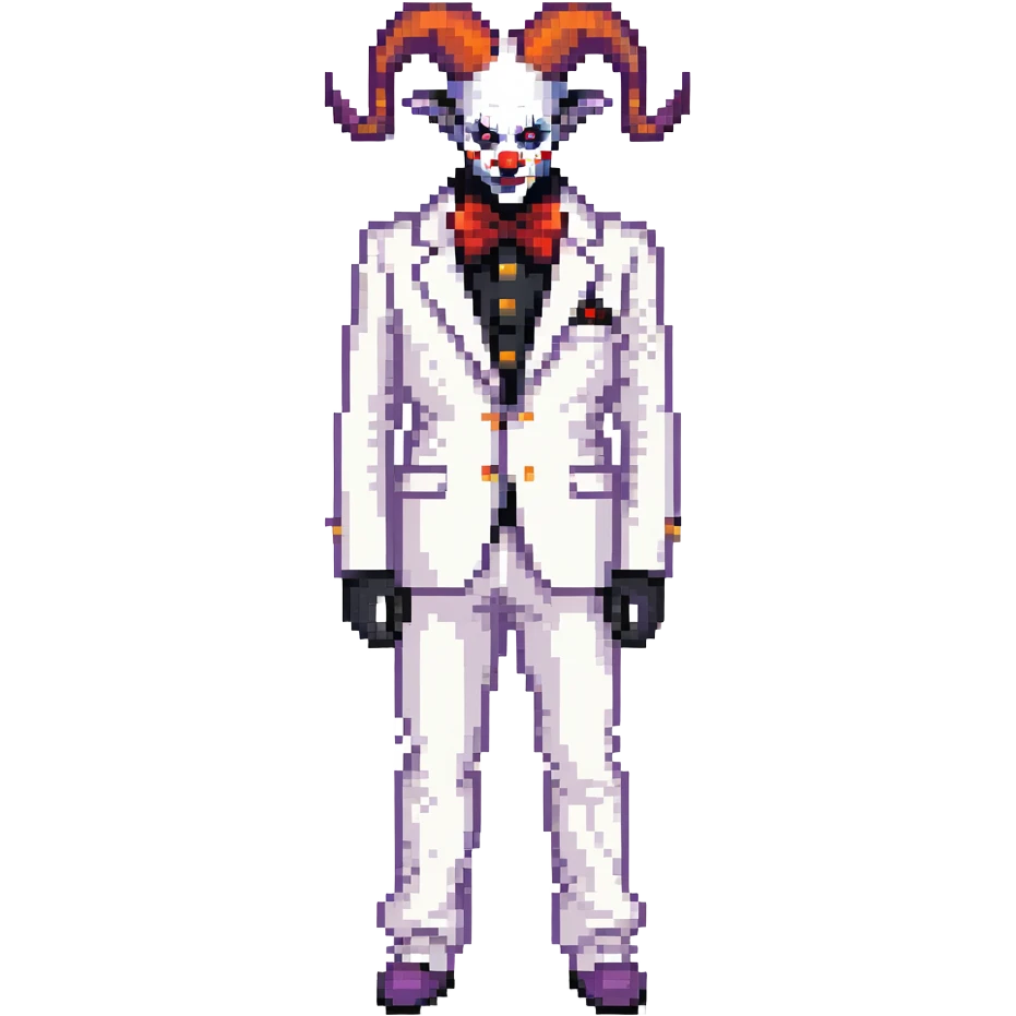 full-body demonic clown in a white leisure suit with bellbottom pants, bald, with black ram horns, wearing elevator shoes emoji