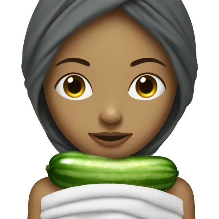 a girl with a towel on her head and cucumbers on her eyes emoji