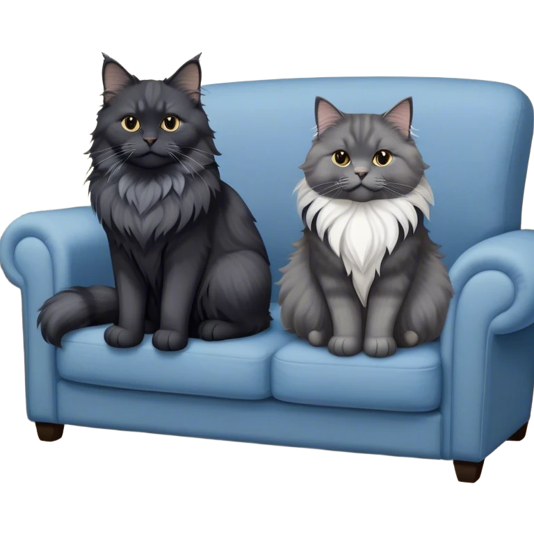 A large black smoke Maine Coon cat with long grey ear tufts and a fluffy grey ruff, sitting next to a chubby British Shorthair cat in blue color with plush fur, both sitting comfortably on a sofa. Beautiful room background with flowers and soft lighting. Transparent background. emoji