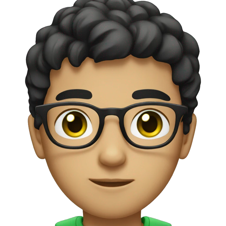 Young boy with black hair green eyes and black glasses wearing a white T-shirt emoji