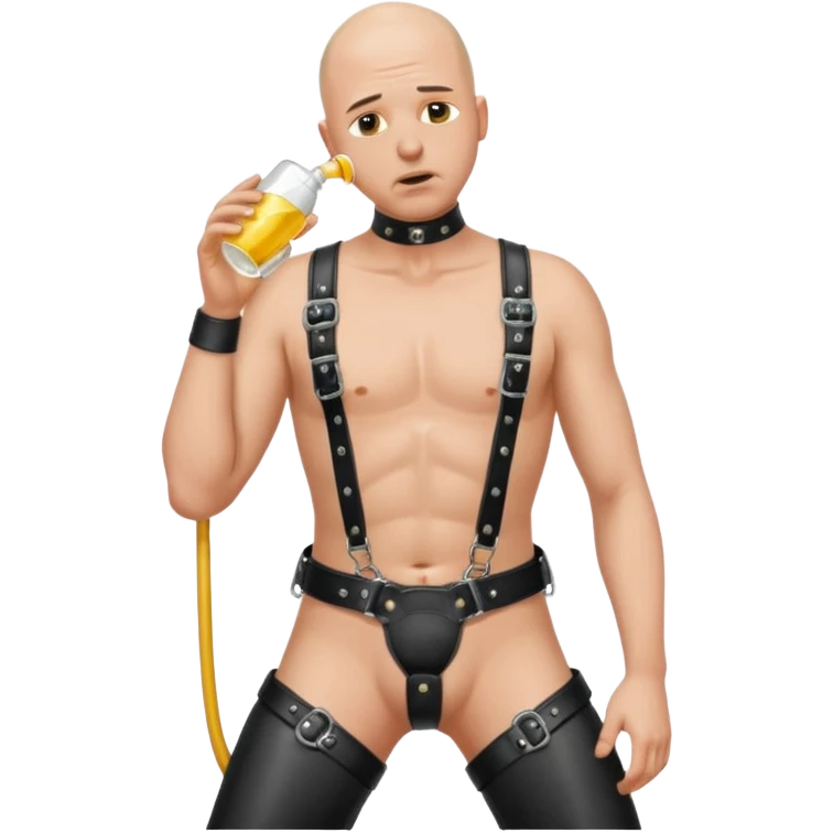 submissive bald man on his knees in a black leather harness standing man in leather, pouring piss down his throat emoji