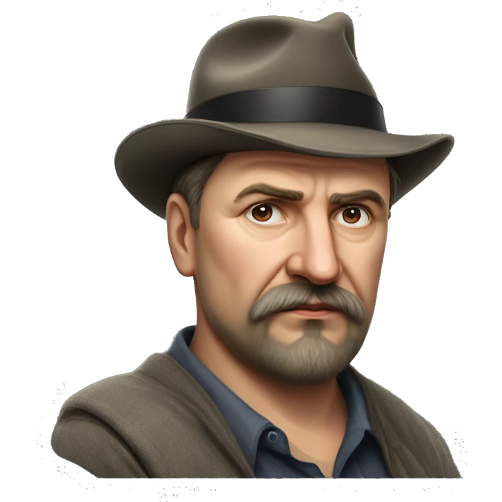 Russian writer Alexander Kuprin Photorealism A plump serious man of Slavic appearance with Small eyes with goatee beard and mustache, with a  short haircut, big detailed face, wrinkled face, wearing a fedora hat emoji