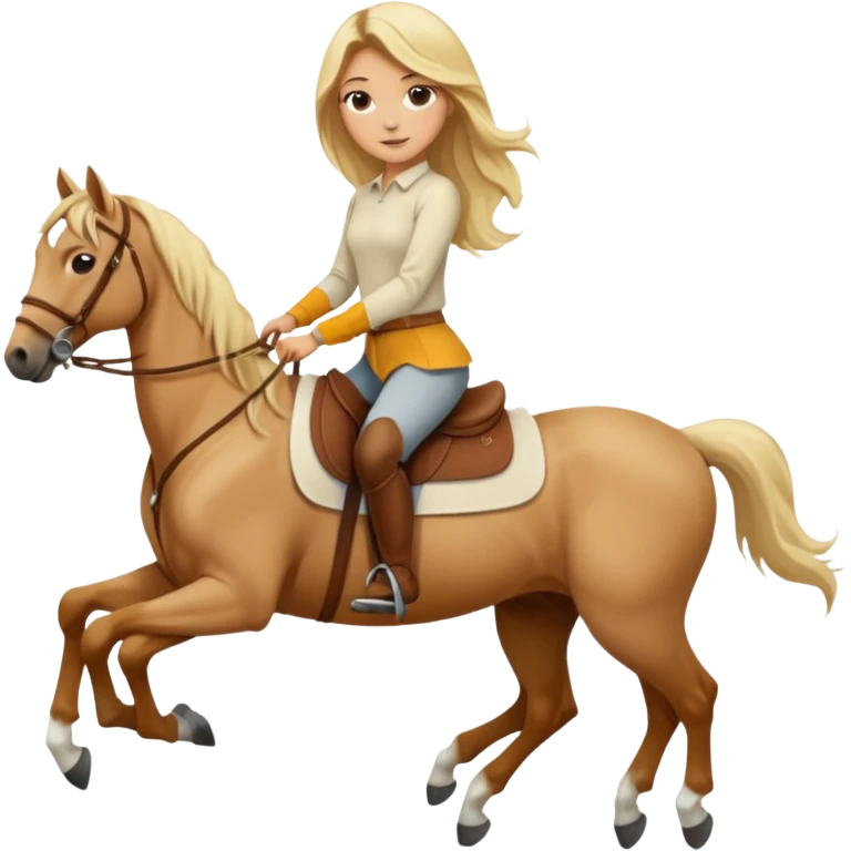 Tan girl with long blonde hair wearing a cream colored long sleeve shirt and riding pants on top of a brown horse with 4 legs emoji