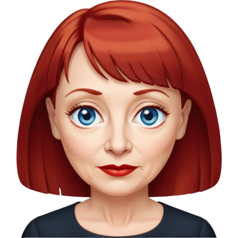 Older woman in her early 60s with fair skin, wider oval face, noticeable age lines, blue eyes, thin eyebrows, small nose, red lips, dark red hair with straight bangs, wearing a black blouse emoji